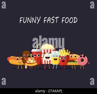 Simpatici personaggi del fast food isolati su sfondo scuro. Happy Smile Cartoon Face Fastfood, snack comico illusione vettoriale Illustrazione Vettoriale