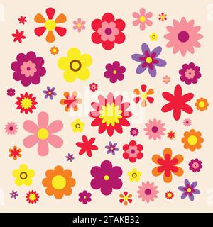 Fiori vintage isolati su sfondo rosa. Set di icone floreali colorate. Fiori in stile dasing piatto illustrazione vettoriale Illustrazione Vettoriale