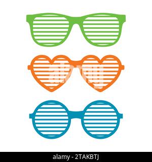 Impostare gli occhiali per otturatore. Occhiali da sole con brindé o reticolati, accessori alla moda, occhiali estivi giovanili. Occhiali da sole Shutter Shades Collection Illustrazione Vettoriale