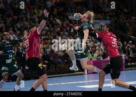 Wetzlar, Germania. 1 dicembre 2023. Wetzlar, Germania, 1 dicembre 2023: Magnus Fredriksen ( 23 Wetzlar ) durante la partita Liqui Moly Handball-Bundesliga tra HSG Wetzlar e Fuechse Berlin alla Buderus-Arena di Wetzlar, GERMANIA. (Julia Kneissl/SPP) credito: SPP Sport Press Photo. /Alamy Live News Foto Stock