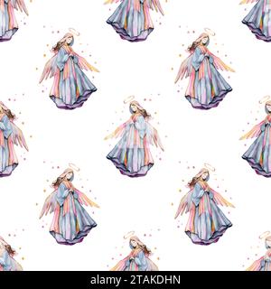 Presepe natalizio ad acquerello. Storia del cristianesimo. Motivo senza cuciture Holy Jolly Christmas Foto Stock