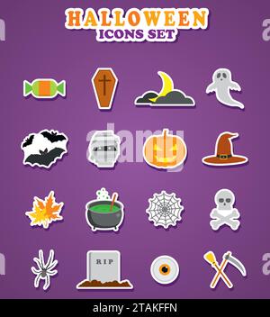 Icone di Halloween. Adesivi disegno piatto illustrazione vettoriale Illustrazione Vettoriale