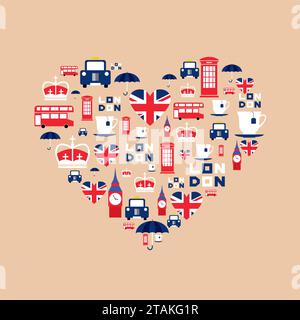 Le icone di Londra in stile piatto si organizzano sotto forma di cuore. Icone inglesi isolate sullo sfondo. Iilustrazione vettoriale Illustrazione Vettoriale
