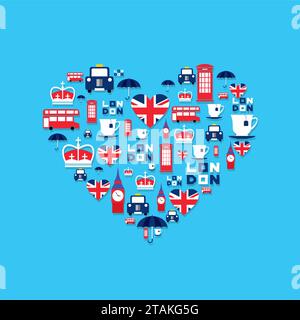 Le icone di Londra in stile piatto si organizzano sotto forma di cuore. Icone inglesi isolate sullo sfondo. Iilustrazione vettoriale Illustrazione Vettoriale