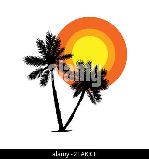 La silhouette delle palme e il sole sono in stile piatto e isolati su sfondo bianco. Tramonto sull'icona dell'isola. Illustrazione vettoriale di palme tropicali Illustrazione Vettoriale