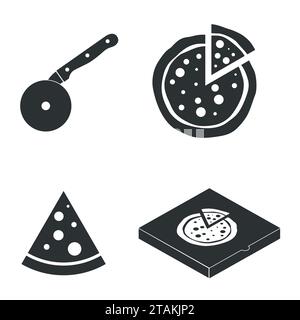 Pizza Vector icons food silhouette Collection. Attrezzatura da cucina con coltelli da taglio, icona della fetta di pizza in stile piatto. Scatola per pizza nera Illustrazione Vettoriale