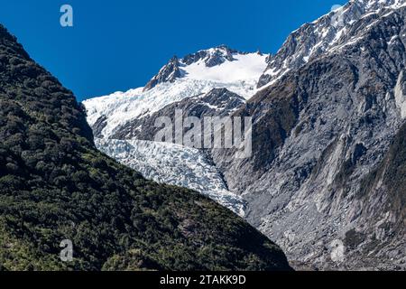 Viste del ghiacciaio Franz Joseph da diverse aree del sentiero fino all'area di osservazione. Foto Stock