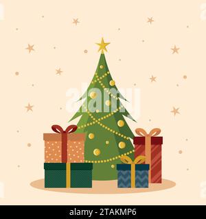 Albero di Natale decorato con ghirlande, palle e scatole regalo colorate. Biglietto di Natale. Illustrazione vettoriale in stile cartone animato piatto. Illustrazione Vettoriale