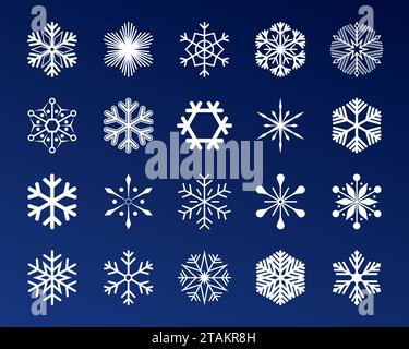 Impostare le icone dei fiocchi di neve illustrazione vettoriale su sfondo blu Illustrazione Vettoriale