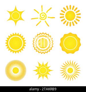Set di icone Sun su sfondo bianco. Illustrazione vettoriale Illustrazione Vettoriale