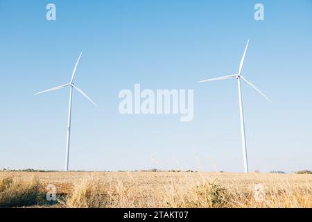 Tra le bellezze naturali, i mulini a vento girano su una fattoria di montagna che genera elettricità pulita Foto Stock