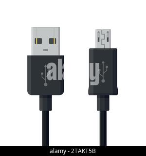 Cavi micro USB isolati su sfondo bianco. Connettori e prese per PC e dispositivi mobili. Connettore delle periferiche del computer o ricarica dello smartphone Illustrazione Vettoriale