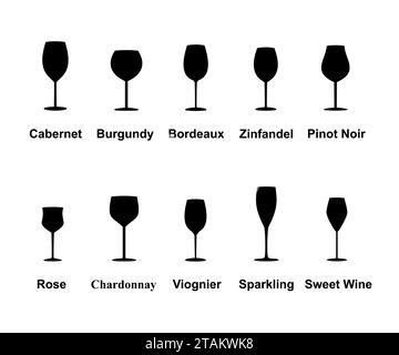 Tipi di bicchieri da vino, set icons Collection. Illustrazione vettoriale. Illustrazione Vettoriale