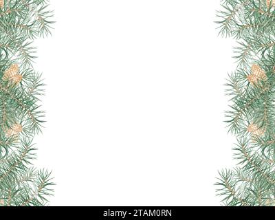 Una cornice quadrata con rami di pino e coni su sfondo bianco. Illustrazione acquerello. Albero di Natale, foresta di conifere, alberi sempreverdi, ago Foto Stock