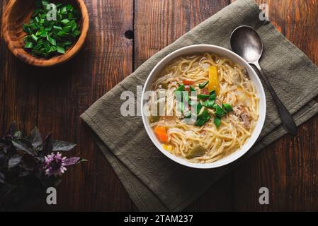 Ciotola bianca di zuppa di noodle con verdure e carne d'anatra. Vista dall'alto Foto Stock