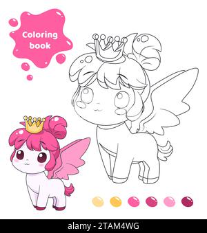 Libro da colorare per bambini. Carino pony con corona. Illustrazione Vettoriale