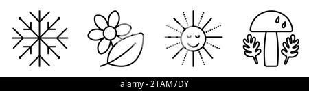 Set di icone quattro stagioni, linea nera segni vettoriali di inverno, primavera, estate e autunno Illustrazione Vettoriale