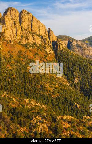 Vista della foresta nazionale di Cibola e delle montagne Sandia dalla funivia di Sandia Peak nel New Mexico. Foto Stock
