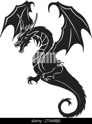 Flying ragon con silhouette vettoriale nera. Simbolo del Capodanno cinese Doodle mostro orientale fantasy personaggio asiatico bestia logo Illustrazione Vettoriale