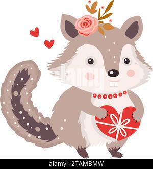 Simpatico animale chipmunk, personaggio isolato con regalo e fiore Vector felice e divertente biglietto d'auguri per San Valentino e compleanno. Illustrazione Vettoriale
