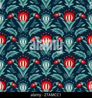 Motivo vettoriale di fiori di Natale senza cuciture decorato sfondo folcloristico boho Illustrazione Vettoriale