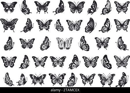 Silhouette a farfalla Vector Monarch con ali di insetti, ala di insetti, collezione di mosche naturali primavera estate. Moth ha un bel design Illustrazione Vettoriale