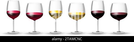 set di bicchieri da vino 3d, collezione di rendering vettoriale etichetta isolata dell'azienda vinicola icona del logo della collezione Illustrazione Vettoriale