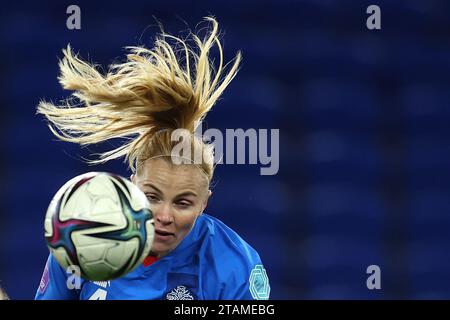 Cardiff, Regno Unito. 1 dicembre 2023. Glodis Viggosdottir delle donne islandesi in azione. Galles donne contro Islanda, UEFA Women's Nations League, gruppo C partita al Cardiff City Stadium, Galles del Sud venerdì 1 dicembre 2023. Solo per uso editoriale, foto di Andrew Orchard/Andrew Orchard fotografia sportiva/Alamy Live news credito: Andrew Orchard fotografia sportiva/Alamy Live News Foto Stock