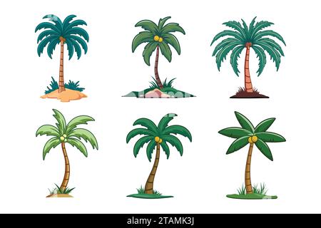 Alberi di cocco e palme. Raccolta di illustrazioni vettoriali di design piatto su sfondo bianco Illustrazione Vettoriale