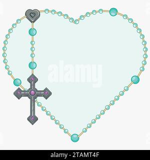 Design vettoriale del rosario a forma di cuore, rosario con croce cristiana, simbolo della religione cattolica Illustrazione Vettoriale