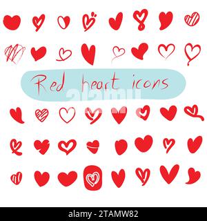 le icone rosse delle forme del cuore illustrano il vettore disegnato a mano isolato su sfondo bianco Illustrazione Vettoriale