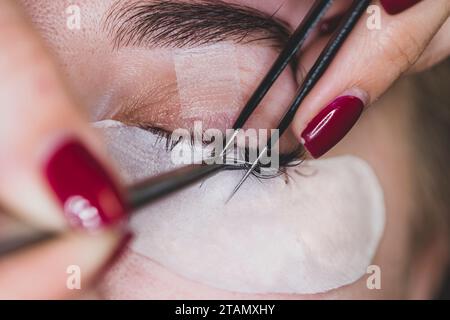 Occhio donna con ciglia lunghe. Estensione ciglia. Procedura di estensione delle ciglia - primo piano e cliente in un salone di bellezza. Foto Stock