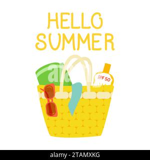 Illustrazione vettoriale. Buongiorno estate: Design lettering a mano. L'iscrizione su sfondo bianco. Grande borsa da spiaggia gialla con asciugamano, crema solare, sungla Illustrazione Vettoriale