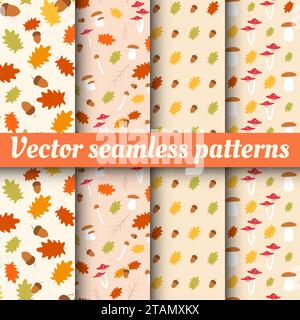 Una collezione di motivi autunnali senza cuciture con foglie e ghiande Illustrazione Vettoriale