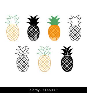 Vettore ananas. Una serie di icone in stile piatto. Illustrazione Vettoriale