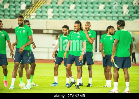 UYO, NIGERIA - 15 NOVEMBRE: Kelechi Iheanacho, semi Ajayi e Alex Iwobi della Nigeria durante l'allenamento delle qualificazioni di Coppa del mondo in preparazione al Niger Foto Stock