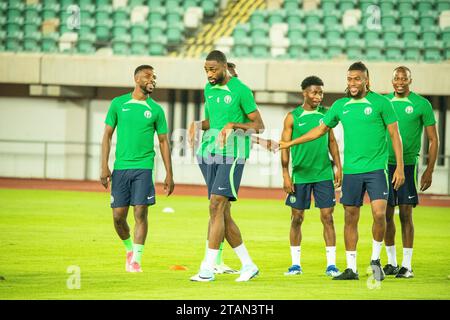 UYO, NIGERIA - 15 NOVEMBRE: Kelechi Iheanacho, semi Ajayi e Alex Iwobi della Nigeria durante l'allenamento delle qualificazioni di Coppa del mondo in preparazione al Niger Foto Stock