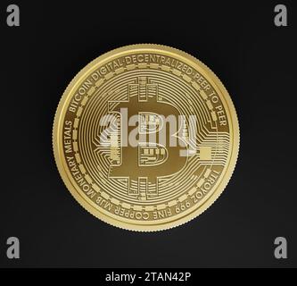 Bitcoin, vista frontale, modello di mockup, concetto bancario, criptovaluta, rendering 3d isolato su sfondo scuro. Foto Stock