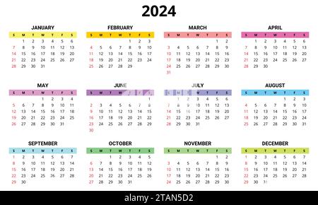 calendario inglese multicolore per 2024 mesi. Illustrazione di modelli vettoriali moderni. Pianifica il tuo anno con stile Illustrazione Vettoriale