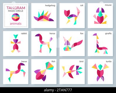 Tangram puzzle. Set vettoriale con animali vari. Illustrazione Vettoriale