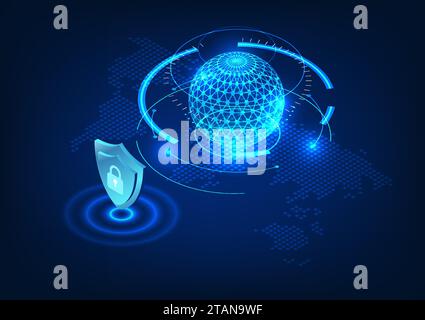 Tecnologia del processore nell'intelligenza artificiale la parte anteriore del processore è costituita da uno scudo circolare con un blocco. Riferendosi alla tecnologia di sicurezza informatica Illustrazione Vettoriale