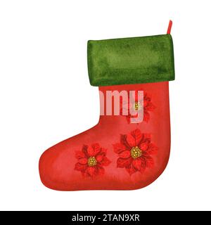 Calze di Natale rosso e verde acquerello per regali con disegno invernale di poinsettia rossa, holly e albero di Natale per inviti, cartoline postali, pos Foto Stock