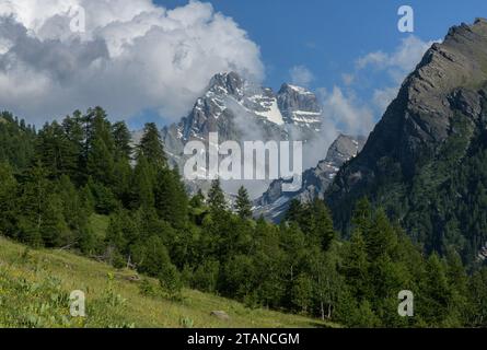 Monte viso, 3.841 m, visto da ovest a Queyras; la montagna più alta delle Alpi Cozie, Italia. Foto Stock