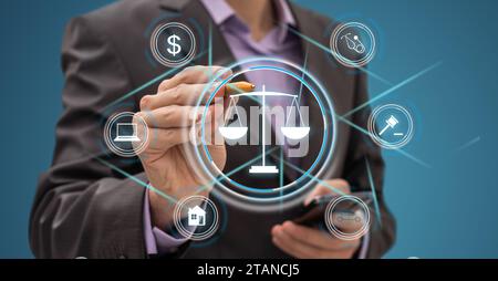 Imprenditore su sfondo sfocato usando la legge di protezione destra 3D rendering Foto Stock