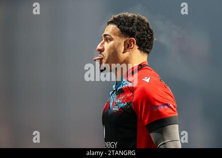 1 dicembre 2023, Musgrave Park, Cork, Irlanda: Sione Tuipulotu dei Glasgow Warriors allo United Rugby Championship: Munster 40 - Glasgow Warriors Foto Stock