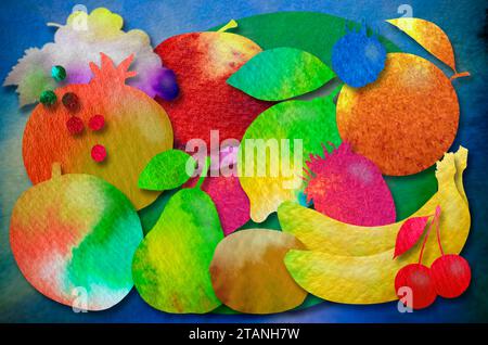 Coloratissimo alimento sano illustrazione di vari frutti realizzati con texture acquerello in toni altamente saturi Foto Stock