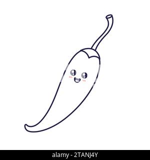 Carino cartoni animati con peperoncino rosso Kawaii illustrazioni per bambini. Illustrazione grafica del contorno di alimenti e verdure. Pepe peperoncino, mascotte in stile Doodle. Illustrazione Vettoriale