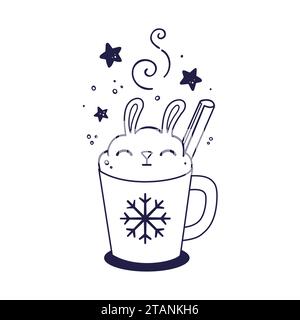 Bevanda di Natale decorata come un coniglio panna montata con bastone di cannella. Bevanda calda invernale in stile doodle. Lepre Milkshake disegnata a mano. Disegnato a mano l Illustrazione Vettoriale