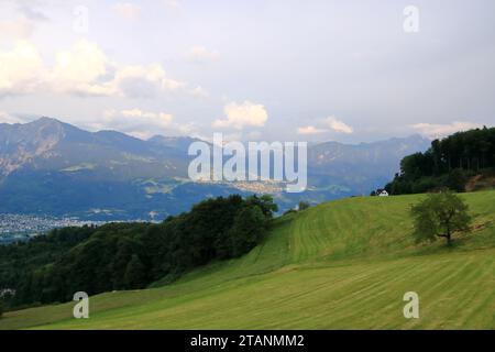 Una vista panoramica dalla Svizzera al Liechtenstein, Vaduz City e il fiume Reno Foto Stock