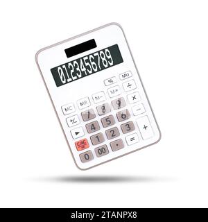 Calcolatrice bianca con numeri isolati su sfondo bianco senza display Foto Stock